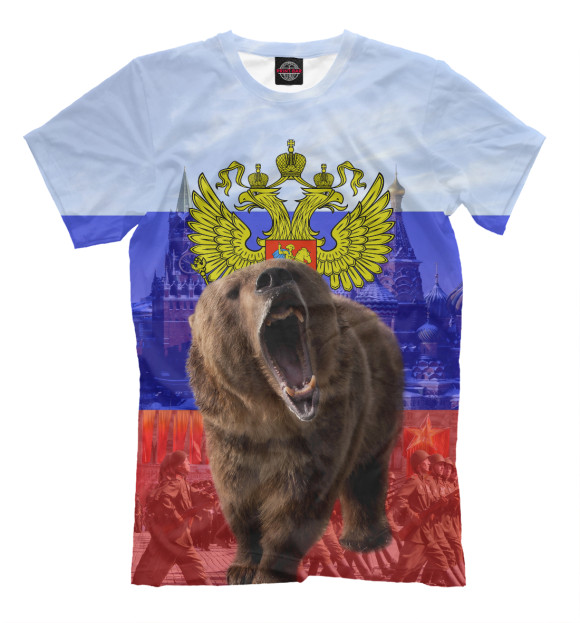 Мужская футболка с изображением Русский медведь цвета Молочно-белый