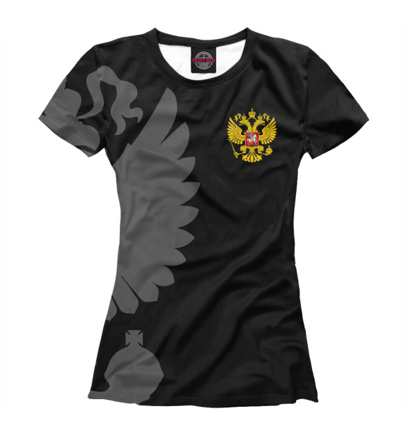 Женская футболка с изображением Герб России Серый на Черном цвета Белый
