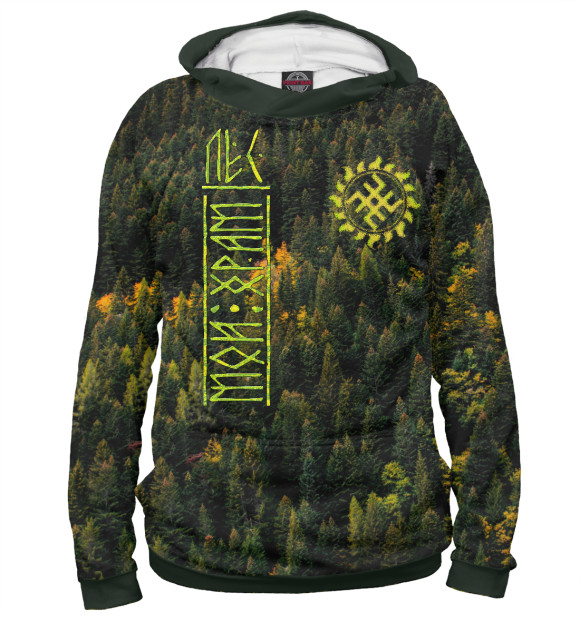 Женское худи с изображением Символ Сварога и лес цвета Белый