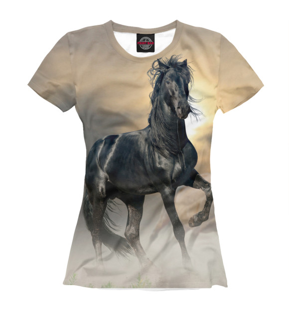 Женская футболка с изображением Чёрный конь цвета Белый