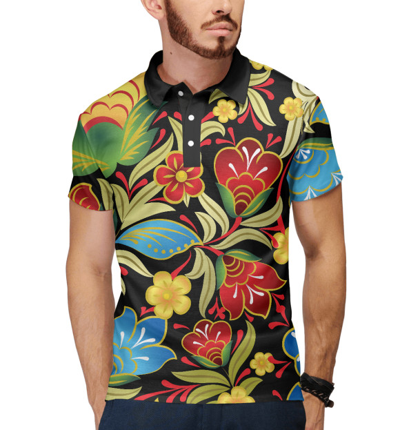 Мужское поло с изображением Хохлома цвета Белый