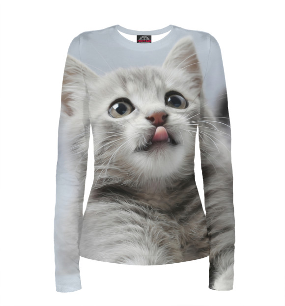 Женский лонгслив с притом Котенок цвета Белый Женский лонгслив с изображением Котенок цвета Белый