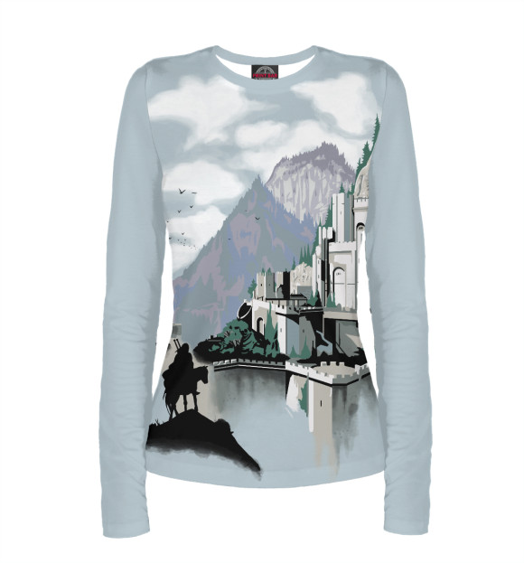 Женский лонгслив с изображением Рыцарь на лошади на фоне замка цвета Белый