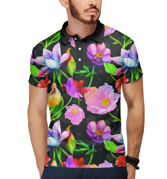 Мужское поло с притом Яркие Цветы цвета Белый Мужское поло с изображением Яркие Цветы цвета Белый