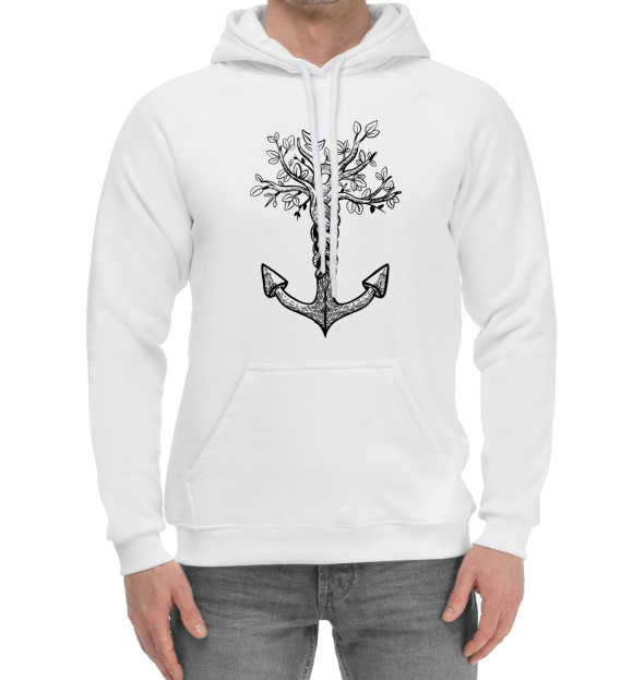 Мужской хлопковый худи с изображением Якорь Дерево цвета Белый