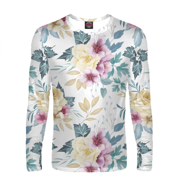 Мужской лонгслив с притом Розовые бутоны (паттерн) цвета Белый Мужской лонгслив с изображением Розовые бутоны (паттерн) цвета Белый