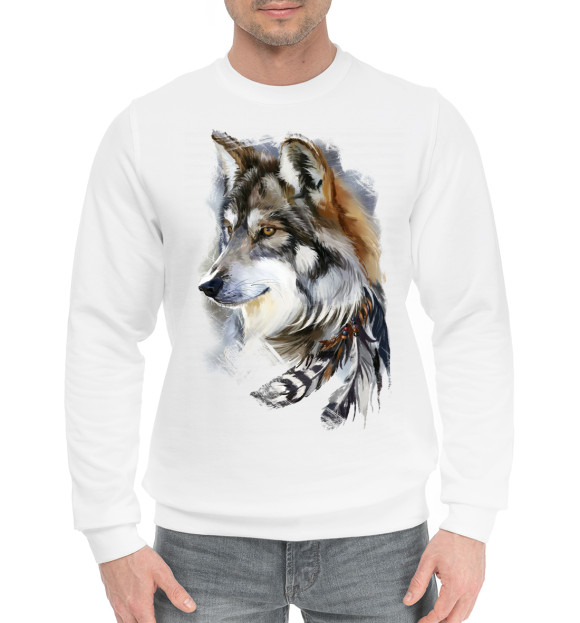Мужской хлопковый свитшот с изображением Волк с пером цвета Белый
