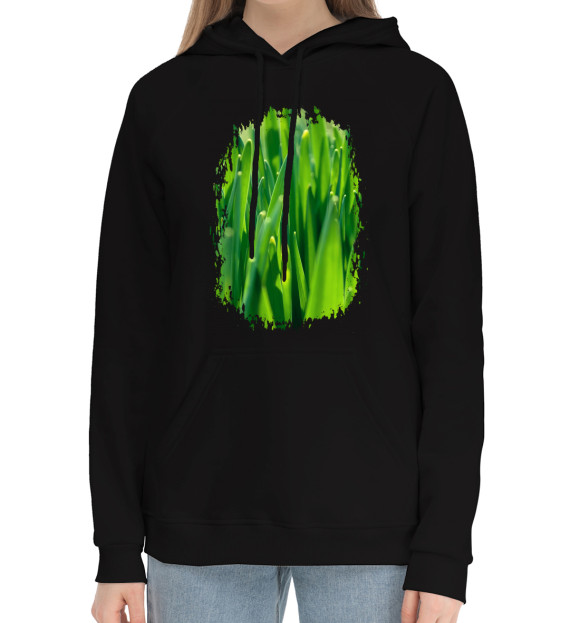 Женский хлопковый худи с изображением Трава цвета Черный