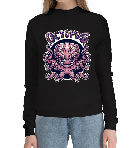 Женский хлопковый свитшот с изображением Octopus - злобный осьминог цвета Черный