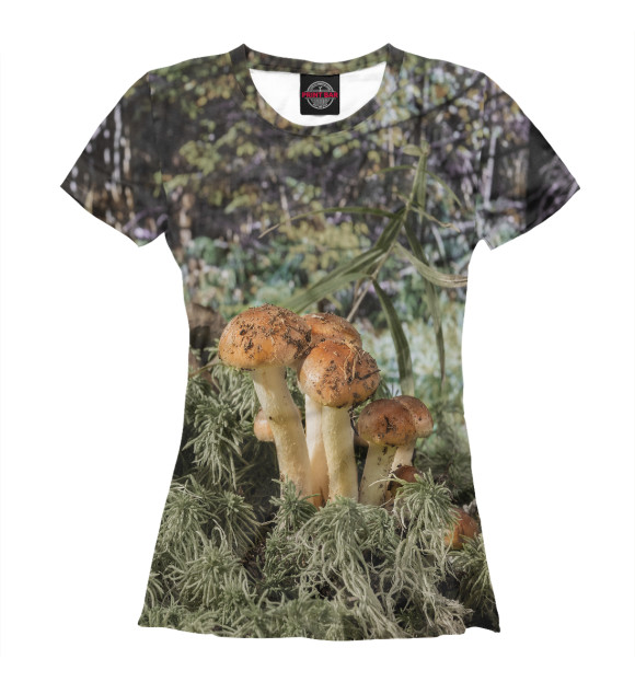 Женская футболка с изображением Семейка опят на опушке леса цвета Белый