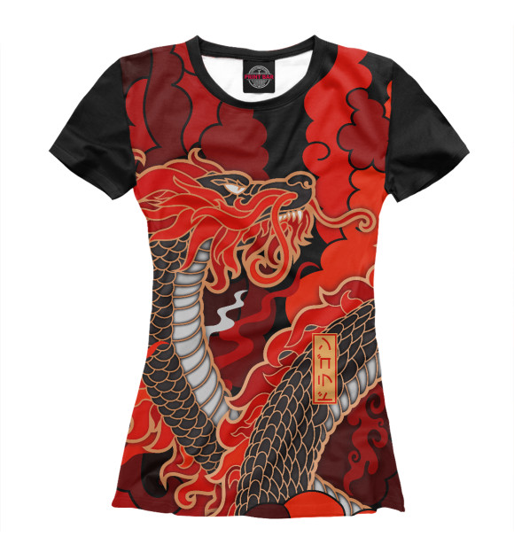 Женская футболка с изображением Дракон на фоне красных облаков цвета Белый