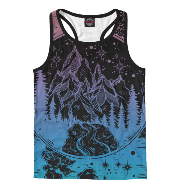 Мужская майка-борцовка с изображением Сосновый лес горный пейзаж цвета Белый