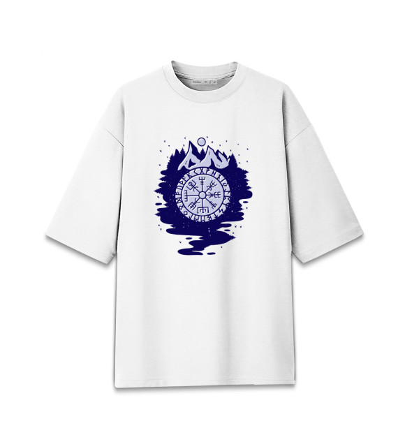 Женская футболка оверсайз с притом Рунический компас Вегвизир цвета Белый Женская футболка оверсайз с изображением Рунический компас Вегвизир цвета Белый