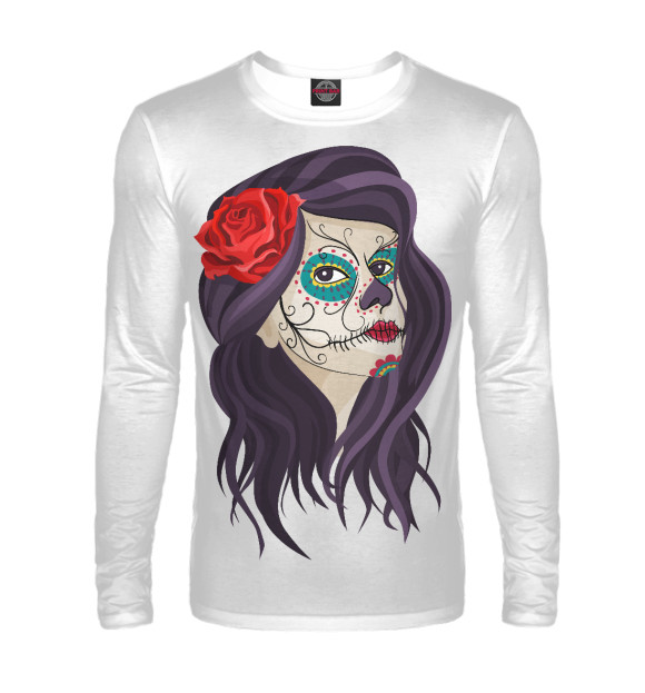 Мужской лонгслив с притом Мексиканский череп девушки цвета Белый Мужской лонгслив с изображением Мексиканский череп девушки цвета Белый