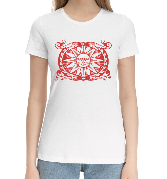 Женская хлопковая футболка с изображением Славянское Солнце цвета Белый