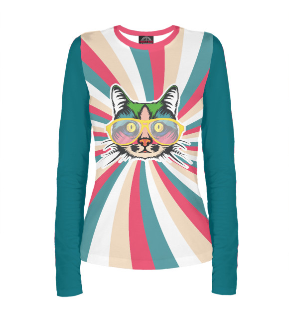 Женский лонгслив с изображением Психоделический котэ цвета Белый