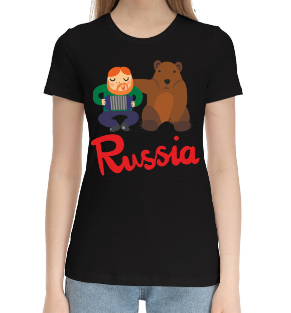 Женская хлопковая футболка с изображением Медведь и гармонист цвета Черный