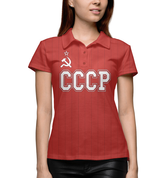 Женское поло с изображением СССР Советский союз в полосу на красном цвета Белый