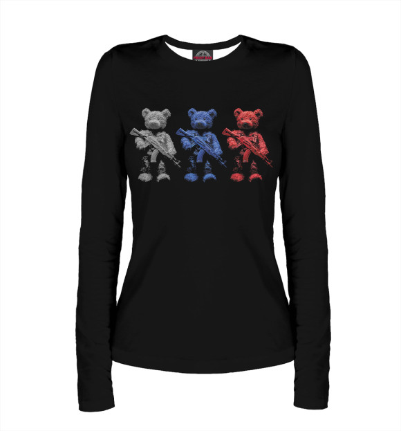 Женский лонгслив с притом Мишки с АК-47 цвета Белый Женский лонгслив с изображением Мишки с АК-47 цвета Белый