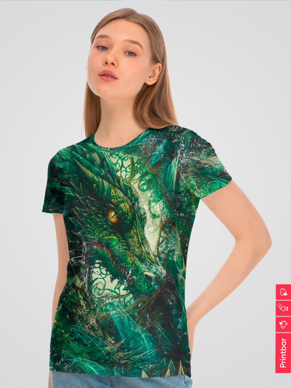 Женская футболка с изображением Зелёный дракон цвета Белый