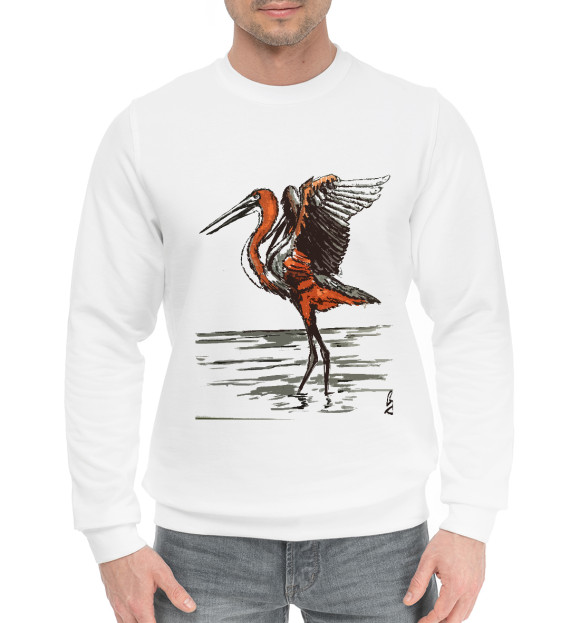 Мужской хлопковый свитшот с изображением Цапля на воде цвета Белый