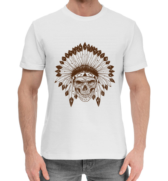 Мужская хлопковая футболка с изображением Indian Skull 2 цвета Белый