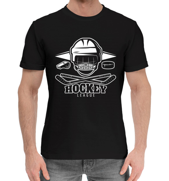 Мужская хлопковая футболка с изображением Hockey league цвета Черный