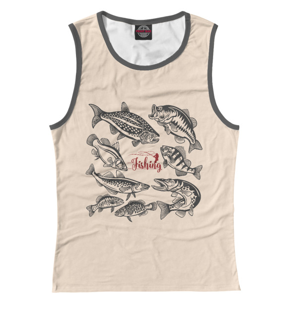 Женская майка с притом Рыбалка цвета Белый Женская майка с изображением Рыбалка цвета Белый