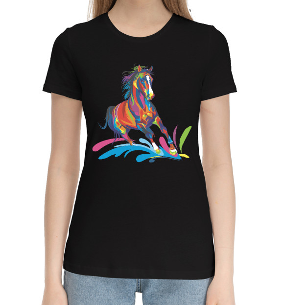 Женская хлопковая футболка с изображением Collor Horse цвета Черный