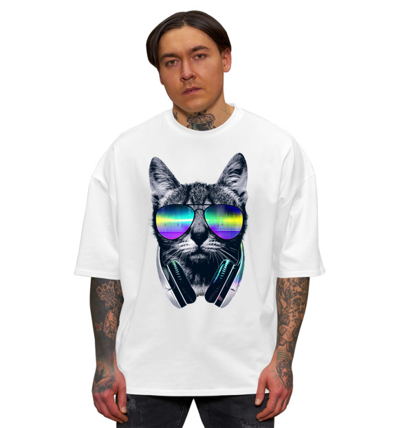 Мужская футболка оверсайз с изображением Кот с наушниками цвета Белый