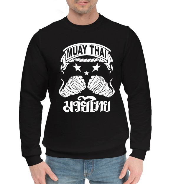 Мужской хлопковый свитшот с изображением Муай Тай (Тайский Бокс) цвета Черный