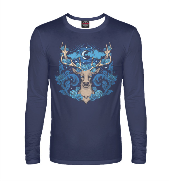 Мужской лонгслив с изображением Олень с голубыми розами цвета Белый