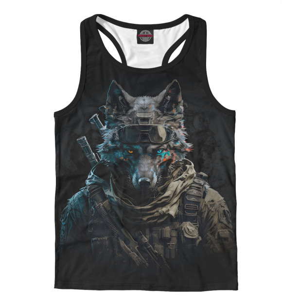 Мужская майка-борцовка с притом Волк - солдат на черном фоне цвета Белый Мужская майка-борцовка с изображением Волк - солдат на черном фоне цвета Белый