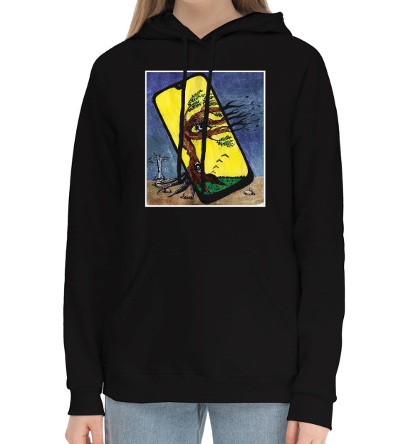 Женский хлопковый худи с притом Смартфон цвета Черный Женский хлопковый худи с изображением Смартфон цвета Черный