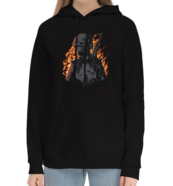 Женский хлопковый худи с притом PUBG цвета Черный Женский хлопковый худи с изображением PUBG цвета Черный