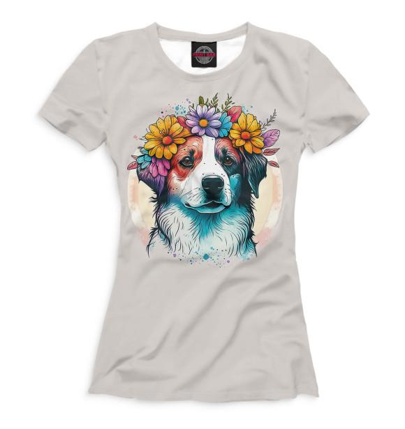 Женская футболка с изображением Лабрадор в венке цвета Белый