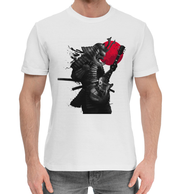 Мужская хлопковая футболка с изображением Самурай гитарист цвета Белый