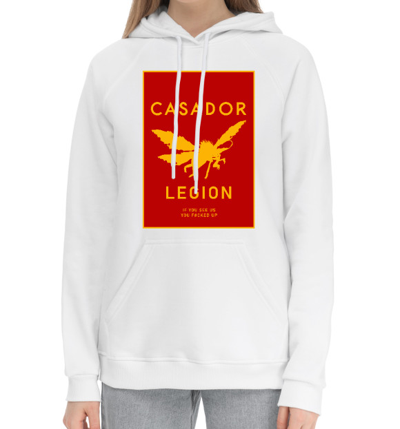 Женский хлопковый худи с притом Фоллаут Касадор цвета Белый Женский хлопковый худи с изображением Фоллаут Касадор цвета Белый