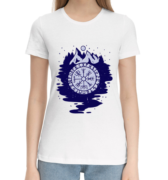 Женская хлопковая футболка с изображением Рунический компас Вегвизир цвета Белый