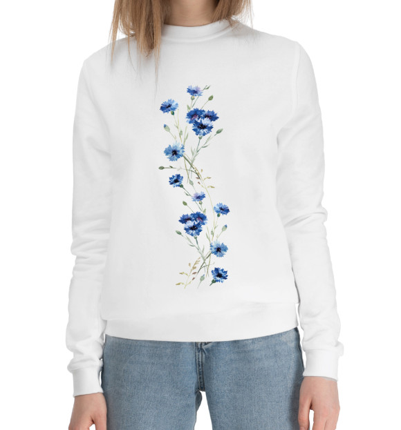 Женский хлопковый свитшот с изображением Васильки цвета Белый