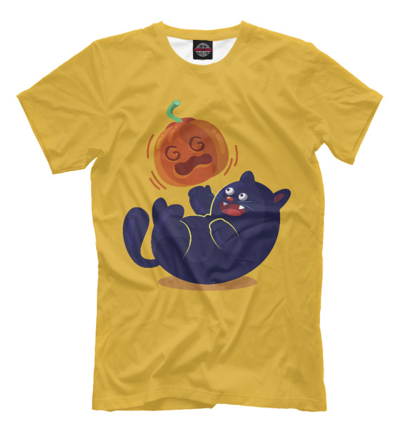 Футболка для мальчиков с изображением Кот и тыква цвета Хаки