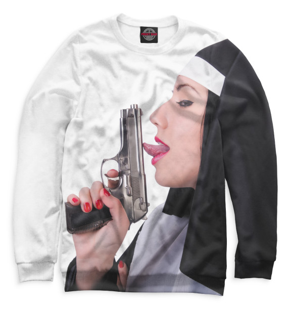Женский свитшот с изображением Монашка с пистолетом цвета Белый