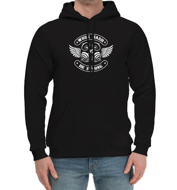 Мужской хлопковый худи с притом Качай железо цвета Черный Мужской хлопковый худи с изображением Качай железо цвета Черный