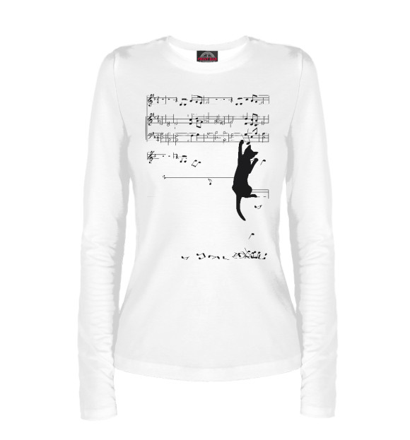 Женский лонгслив с изображением Music cat цвета Белый