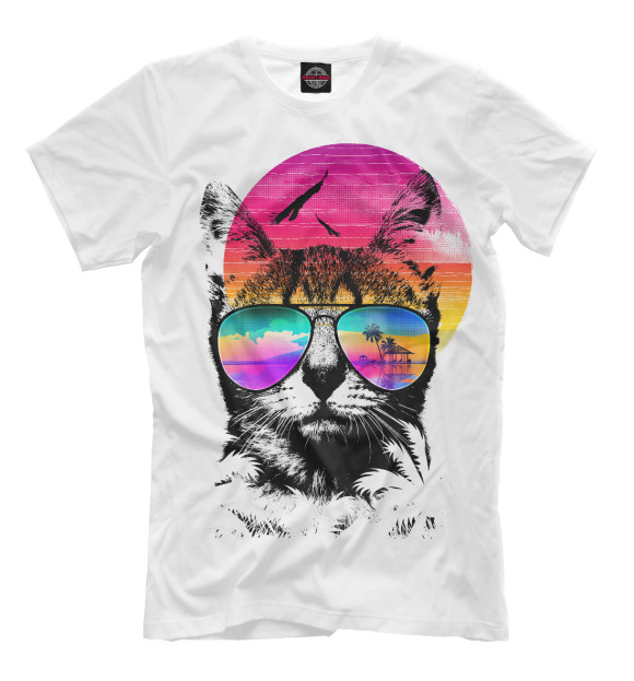 Мужская футболка с изображением Летний кот цвета Молочно-белый