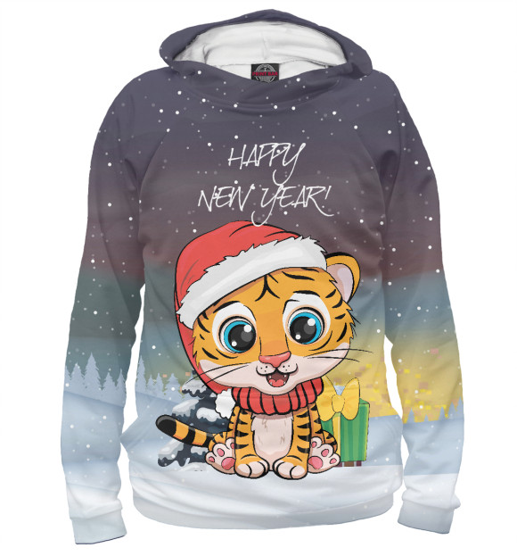 Мужское худи с изображением Happy New Year! Тигренок цвета Белый