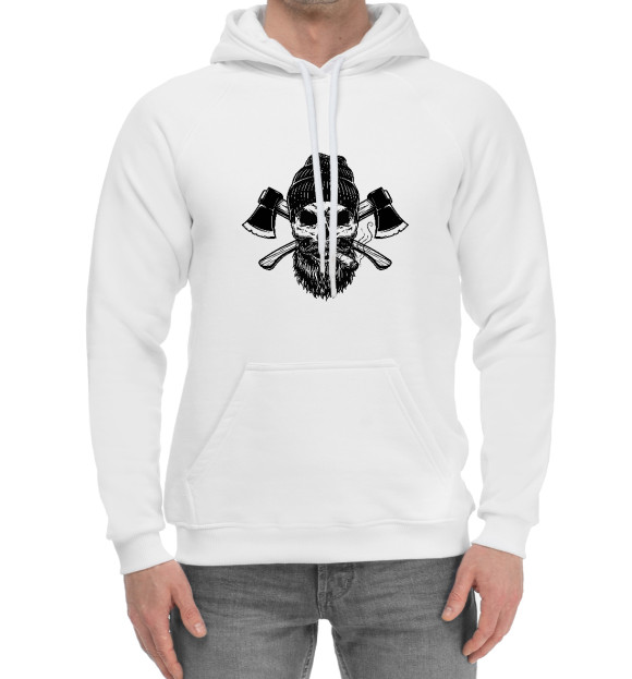 Мужской хлопковый худи с изображением Череп брутального дровосека цвета Белый