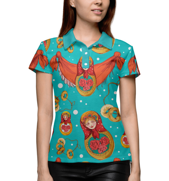 Женское поло с изображением Матрешки цвета Белый