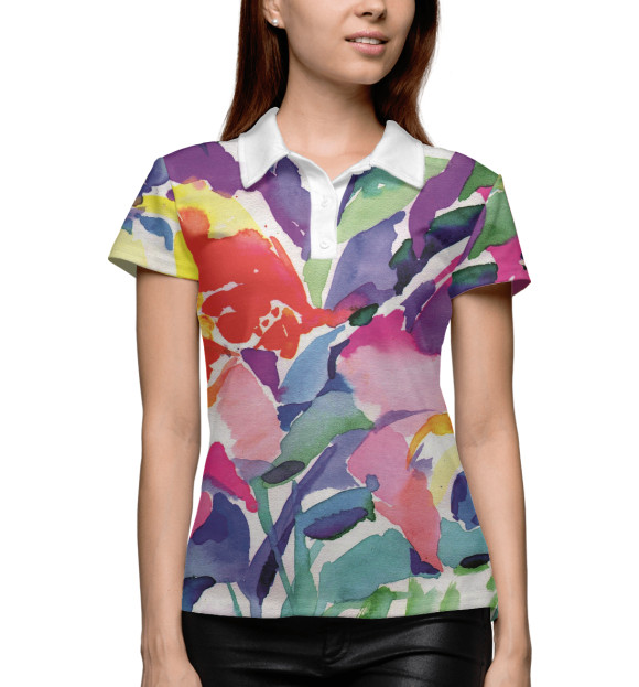 Женское поло с изображением Акварельные цветы цвета Белый