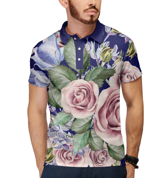 Мужское поло с изображением Розы в саду цвета Белый